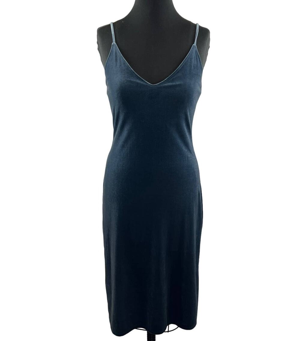 UNIQLO Velour Velvet Blue Slip Camisole Midi Dress Spaghetti Strap V-Neck S